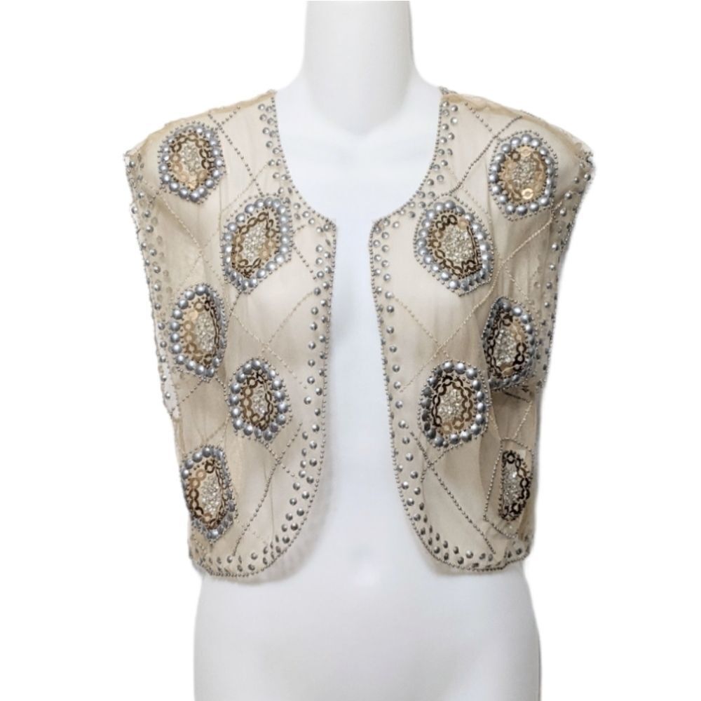 MOYNA Beaded Lace Mesh Studded Vest Cardigan S